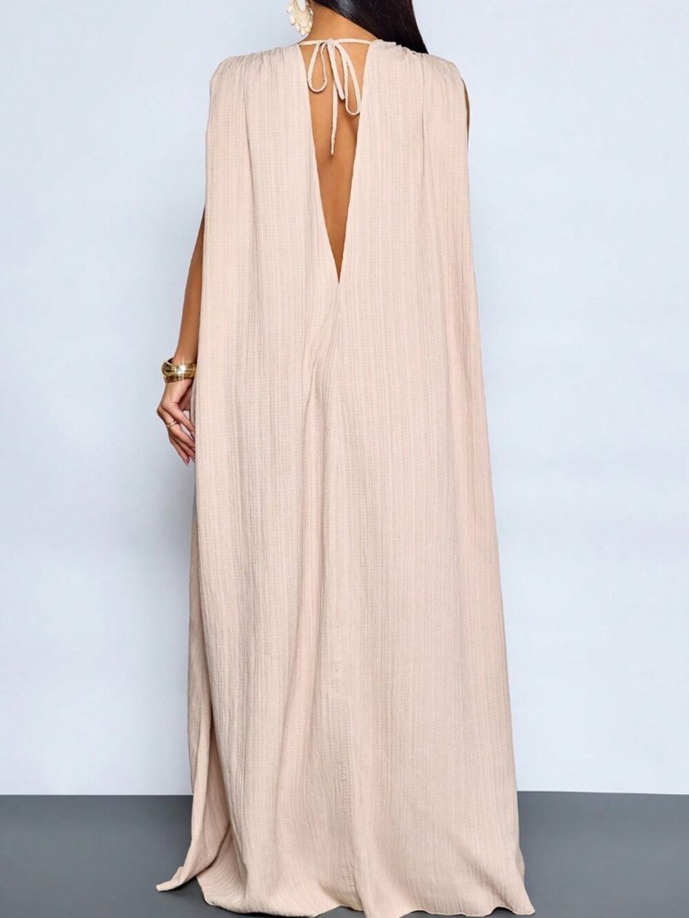 Khaki Boho Casual Women's Tropical Deep V Neck Backless Maxi Dress - Picture 2 of 8